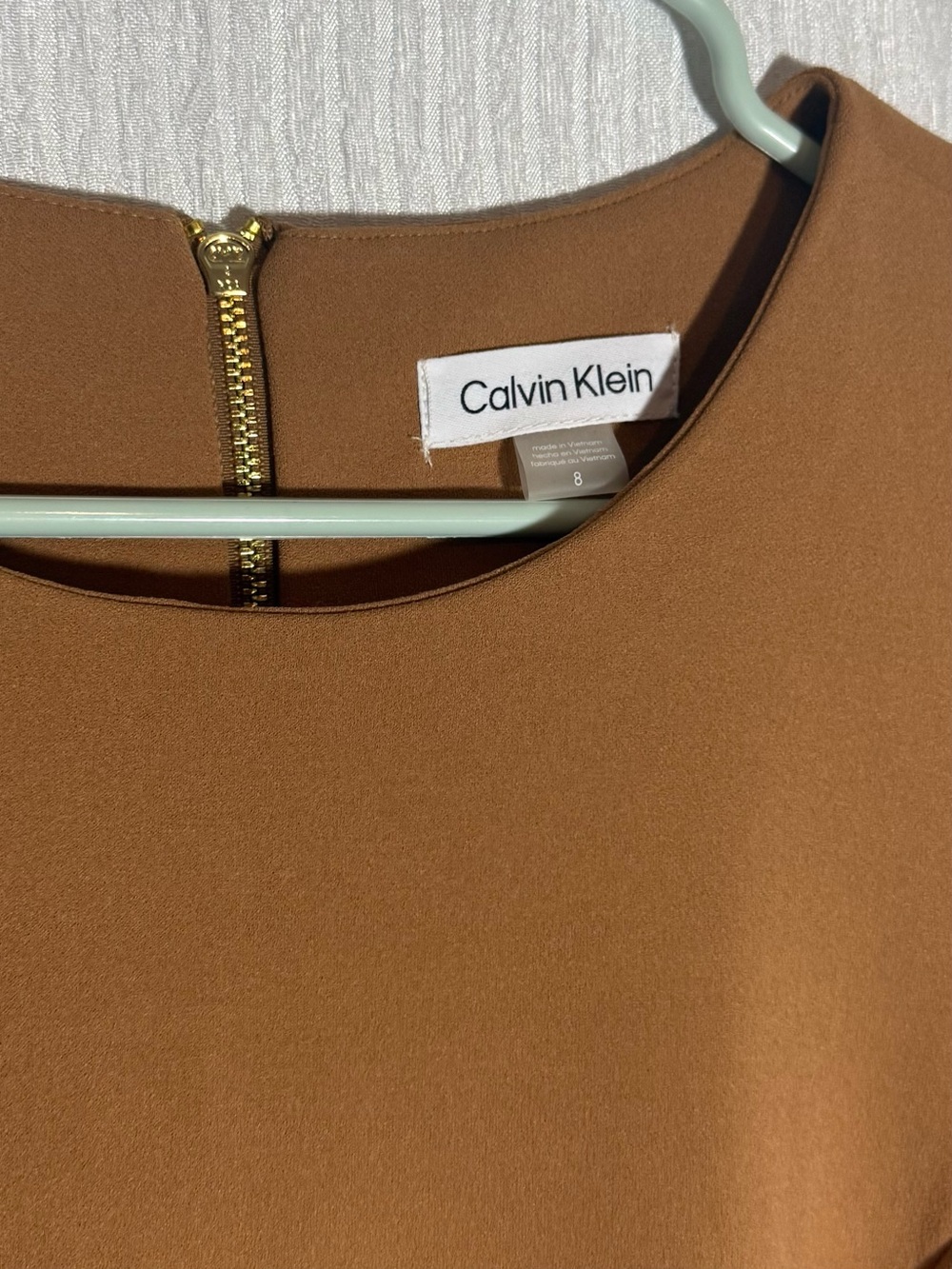 Calvin Klein Backless Sheath Dress in Camel Brown with Gold Zipper